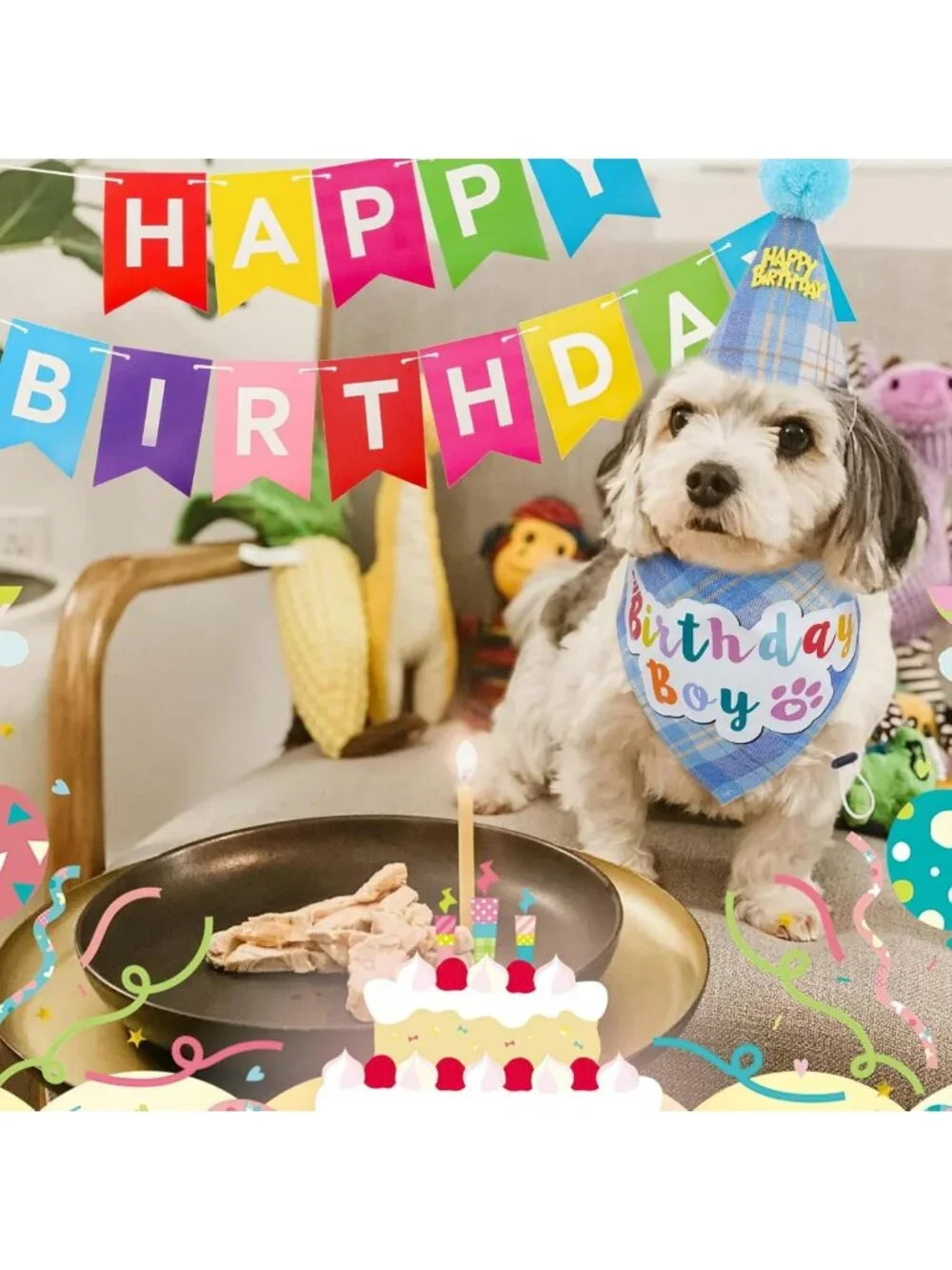 Puppy Birthday Bandana & Hat Set, Party Supplies with Banner & Balloons for Dogs